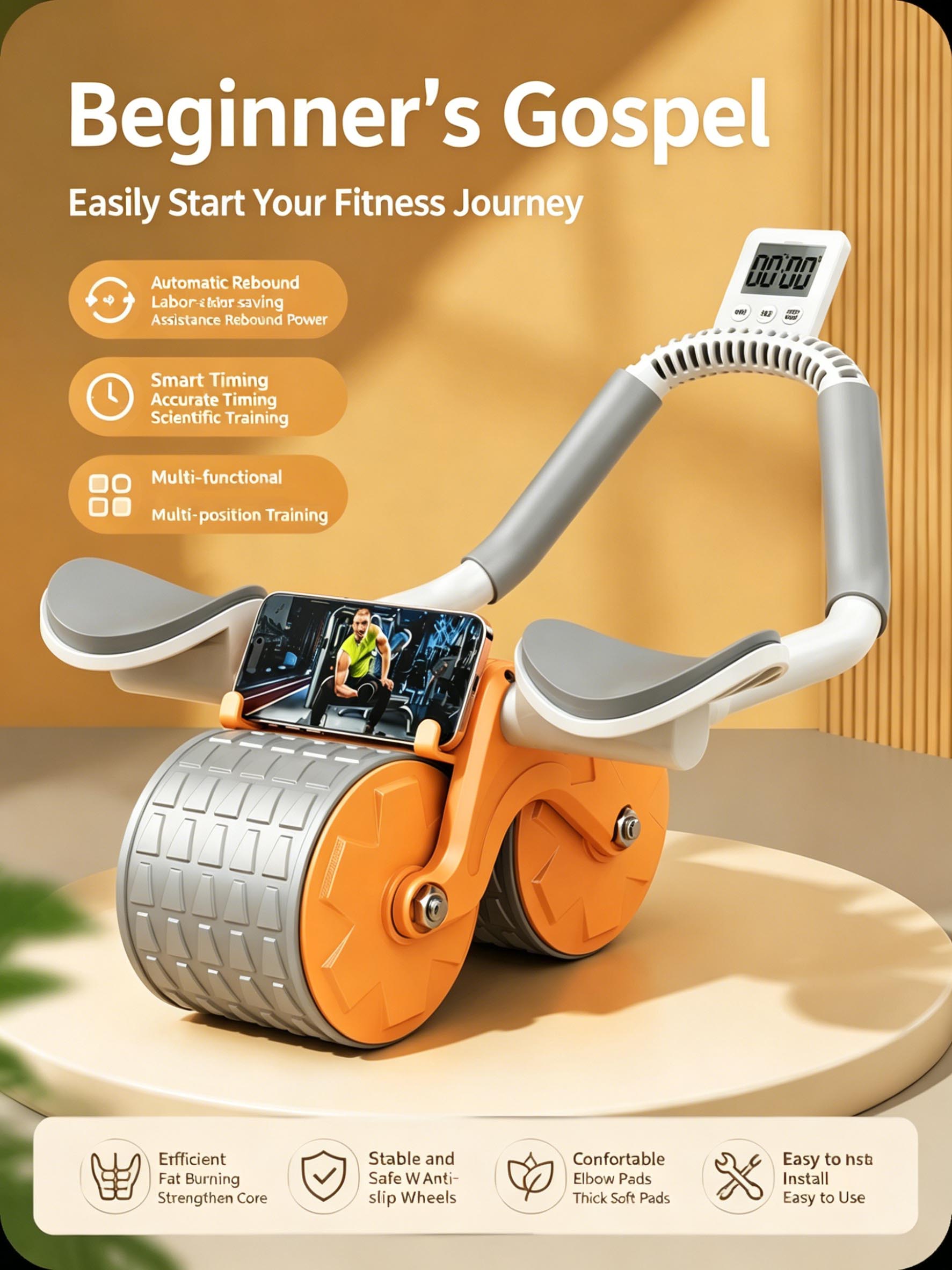 Ab Roller Wheel With Elbow Support - ล้อบริหารหน้าท้องแบบมีที่พักข้อศอก พร้อมระบบเด้งกลับอัตโนมัติ และที่วางโทรศัพท์ สำหรับฝึกกล้ามเนื้อแกนกลางลำตัว ออกกำลังกายที่บ้าน