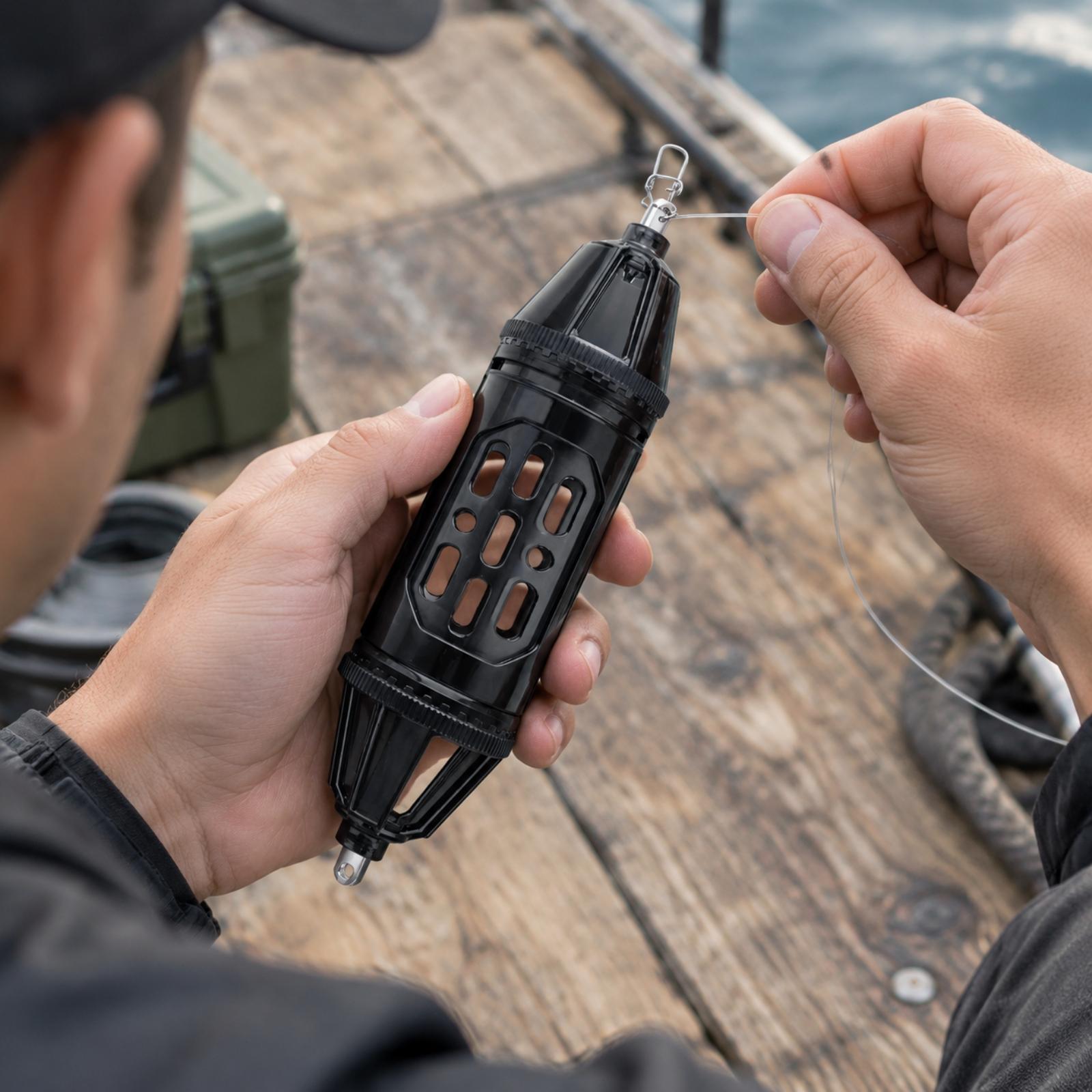 Fishing - กรงโพลีคาร์บอเนตที่แข็งแรงทนทานสำหรับใช้ในการจับปลา พร้อมระบบควบคุมการปล่อยกลิ่นที่หมุนได้ด้านบน